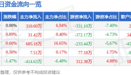 股票行情快报:阳光照明(600261)8月6日主力资金净买入310.60万元
