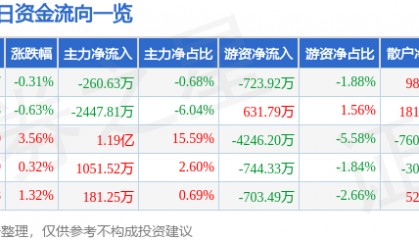 股票行情快报:胜利精密(002426)7月30日主力资金净卖出260.63万元
