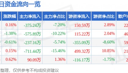 股票行情快报:大连热电(600719)8月15日主力资金净卖出375.24万元