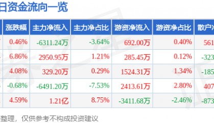股票行情快报:天海防务(300008)5月8日主力资金净卖出6311.24万元