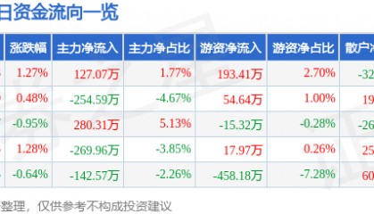 股票行情快报:泰山石油(000554)5月19日主力资金净买入127.07万元