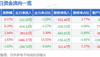 股票行情快报：新华传媒（600825）11月5日主力资金净卖出551.29万元