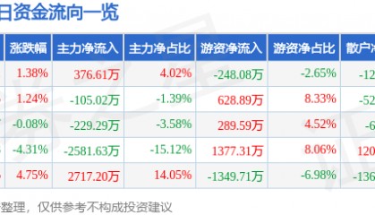 股票行情快报:安洁科技(002635)6月5日主力资金净买入376.61万元