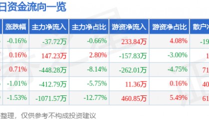 股票行情快报:安洁科技(002635)5月28日主力资金净卖出37.72万元
