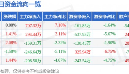 股票行情快报:泰山石油(000554)6月10日主力资金净买入707.32万元