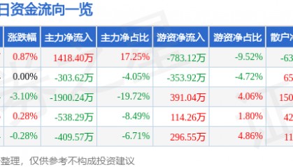 股票行情快报:阳光照明(600261)8月29日主力资金净买入1418.40万元