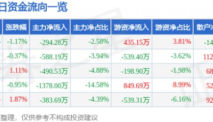 股票行情快报:安洁科技(002635)7月23日主力资金净卖出294.28万元
