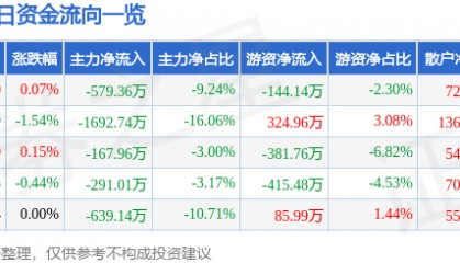 股票行情快报:安洁科技(002635)7月16日主力资金净卖出579.36万元