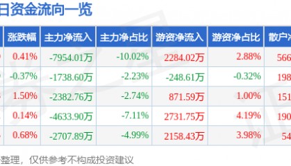 股票行情快报：软通动力（301236）10月29日主力资金净卖出7954.01万元