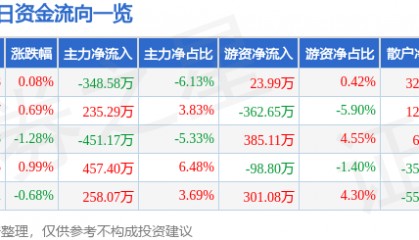 股票行情快报:安洁科技(002635)6月12日主力资金净卖出348.58万元