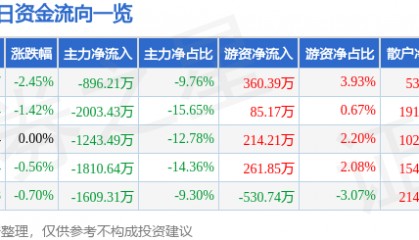 股票行情快报：新华传媒（600825）9月3日主力资金净卖出896.21万元