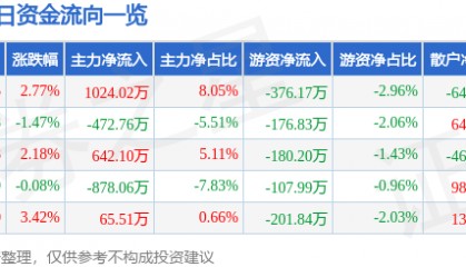 股票行情快报:安洁科技(002635)5月12日主力资金净买入1024.02万元