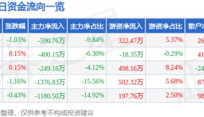 股票行情快报：新华传媒（600825）10月30日主力资金净卖出590.76万元