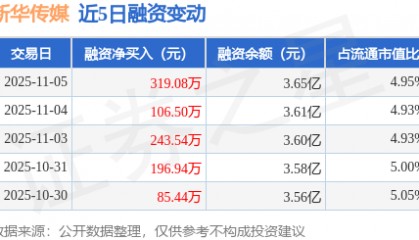 新华传媒：11月5日融资净买入319.08万元，连续3日累计净买入669.12万元