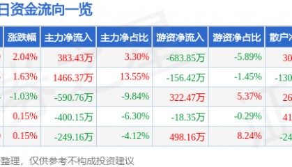 股票行情快报：新华传媒（600825）11月3日主力资金净买入383.43万元