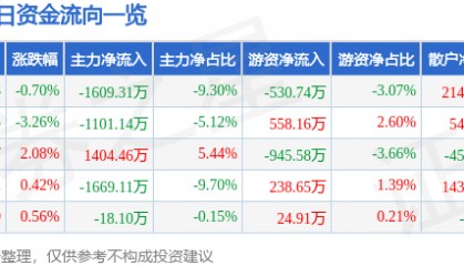 股票行情快报：新华传媒（600825）8月28日主力资金净卖出1609.31万元