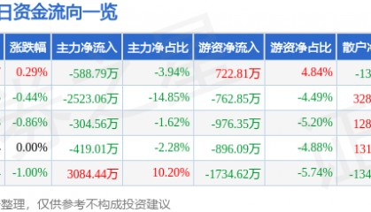股票行情快报:泰山石油(000554)7月8日主力资金净卖出588.79万元