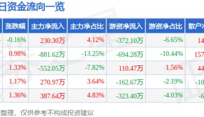 股票行情快报:泰山石油(000554)4月23日主力资金净买入230.30万元