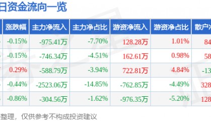 股票行情快报:泰山石油(000554)7月10日主力资金净卖出975.41万元