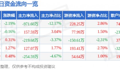 股票行情快报:泰山石油(000554)5月22日主力资金净卖出971.60万元