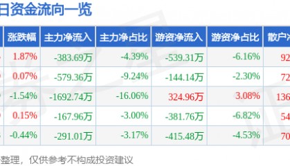 股票行情快报:安洁科技(002635)7月17日主力资金净卖出383.69万元