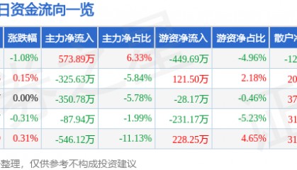 股票行情快报:大连热电(600719)8月27日主力资金净买入573.89万元