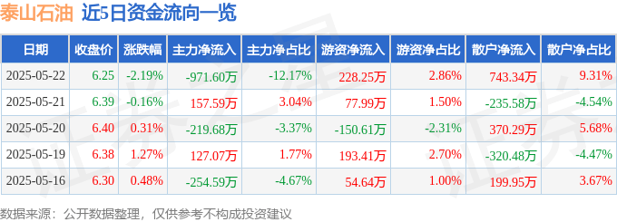股票行情快报:泰山石油(000554)5月22日主力资金净卖出971.60万元