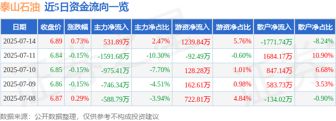 股票行情快报:泰山石油(000554)7月14日主力资金净买入531.89万元