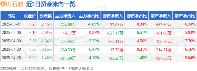 股票行情快报:泰山石油(000554)5月7日主力资金净卖出724.68万元
