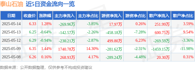 股票行情快报:泰山石油(000554)5月14日主力资金净卖出269.96万元