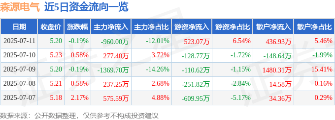 股票行情快报:森源电气(002358)7月11日主力资金净卖出960.00万元