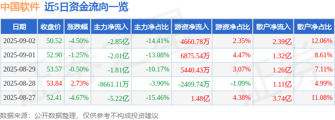 股票行情快报:中国软件(600536)9月2日主力资金净卖出2.85亿元