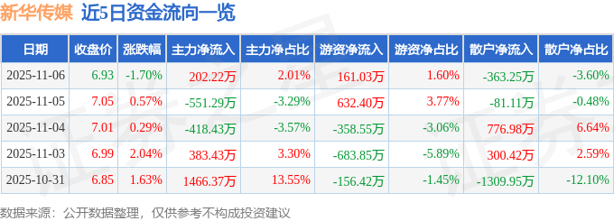 新华传媒(600825)11月6日主力资金净买入202.22万元