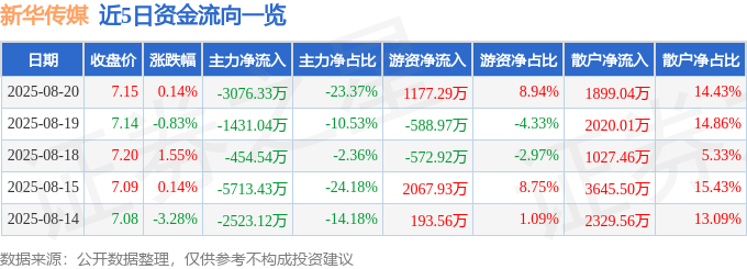 股票行情快报:新华传媒(600825)8月20日主力资金净卖出3076.33万元