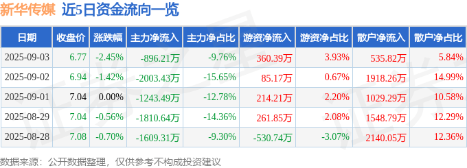 股票行情快报:新华传媒(600825)9月3日主力资金净卖出896.21万元