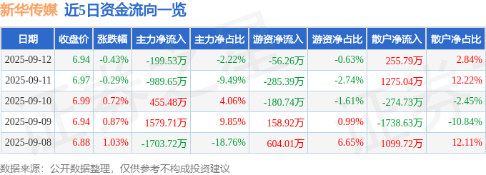 股票行情快报:新华传媒(600825)9月12日主力资金净卖出199.53万元