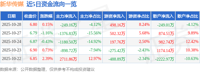 股票行情快报:新华传媒(600825)10月28日主力资金净卖出249.16万元